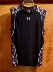Under Armour Sleeveless Men’s Top, Sz S-M, Mesh Back, Black w/Designs in gray