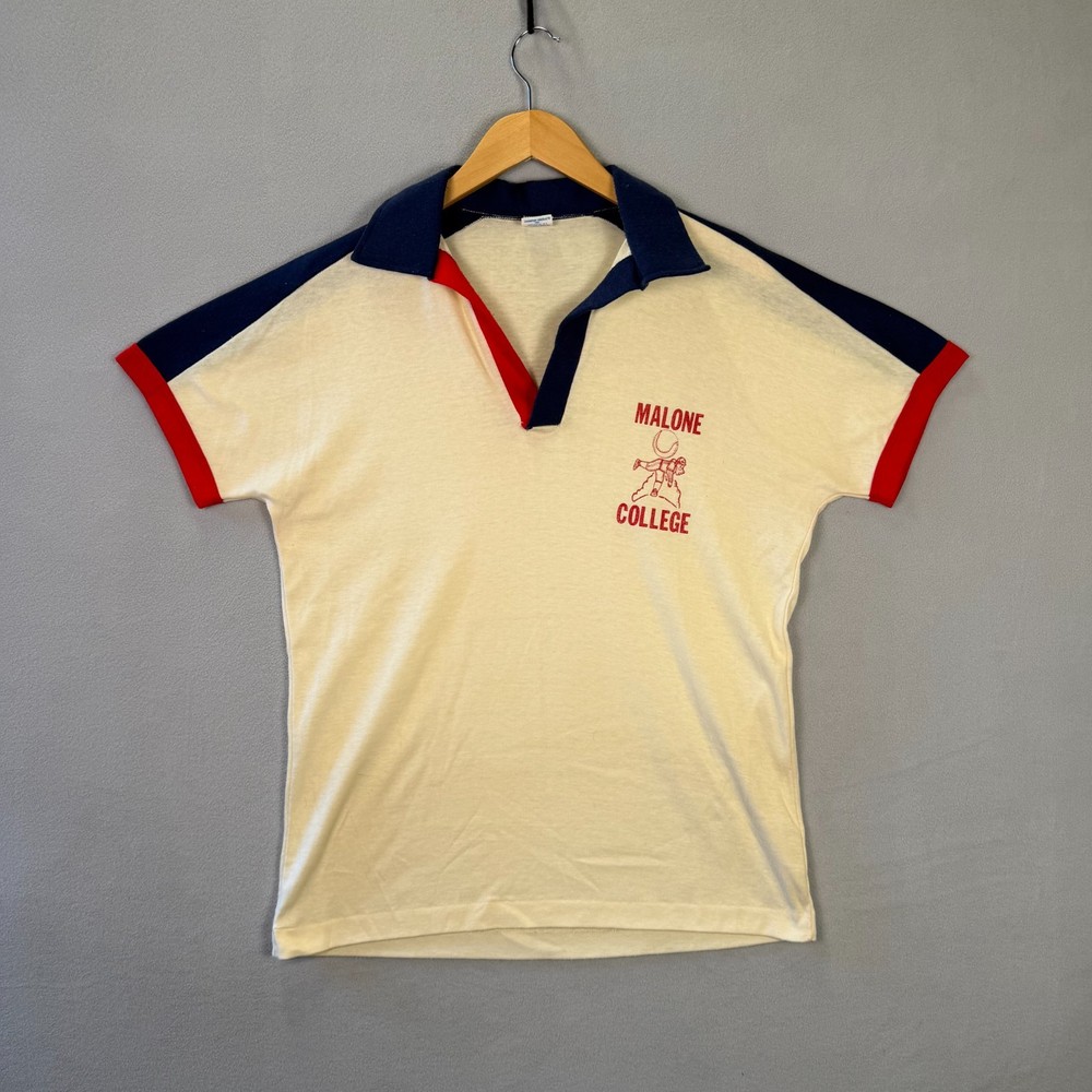 VTG 70s Champion T-Shirt 20x27 Baseball Blue Bar Collared Tube Malone College
