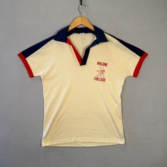 VTG 70s Champion T-Shirt 20×27 Baseball Blue Bar Collared Tube Malone College