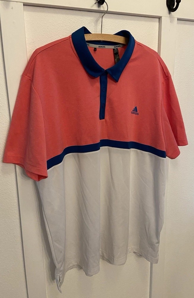 Adidas 2XL Performance Polo Color Block Coral/Blue/White Golf Casual
