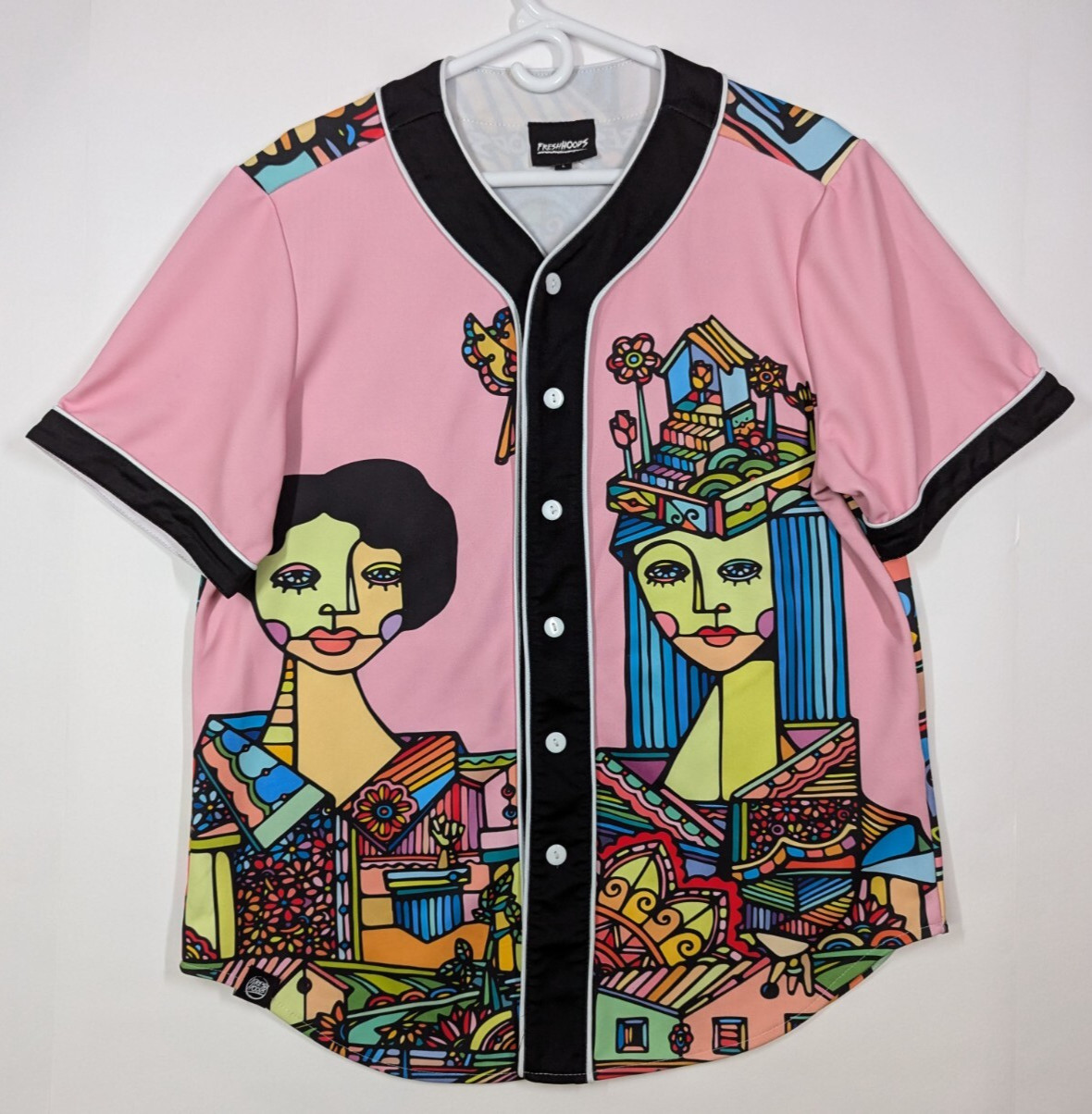 Fresh Hoods Baseball Jersey Men L Button Up Graphic Art Pink Streetwear Shirt gallery