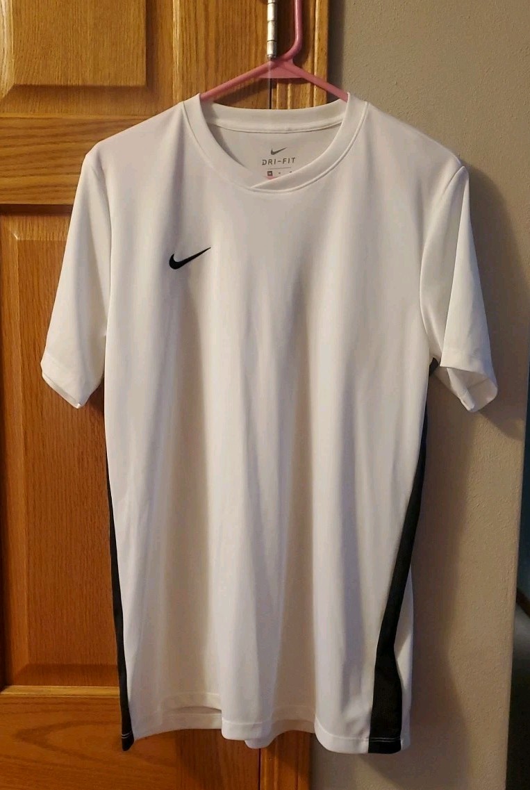 Nike Men's White With Black Embroidered Swoosh Dri-Fit Size Medium Shirt gallery