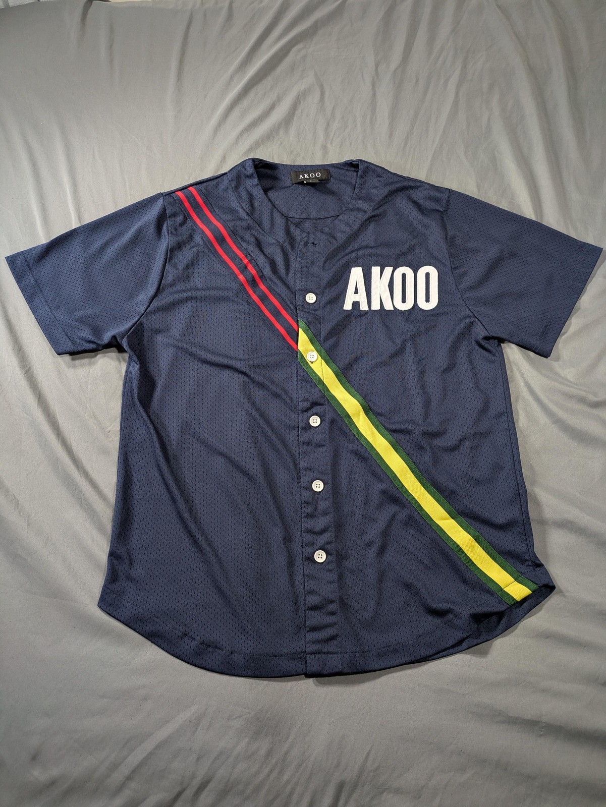AKOO Shirt Mens Large Blue Mesh Button Baseball Jersey Short Sleeve Top gallery