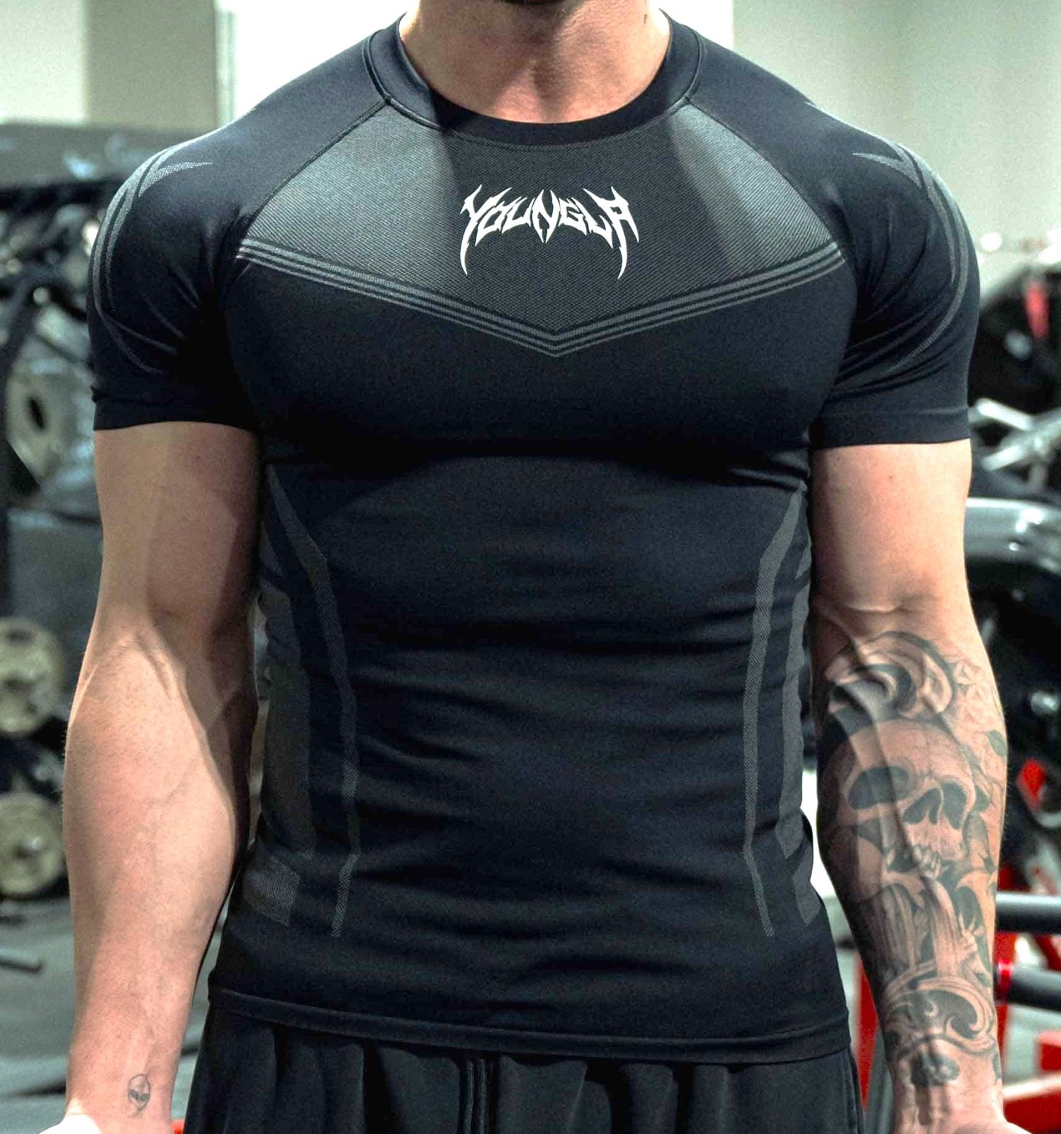 YLA 'Gothic Logo' Compression T-Shirt Men's Muscle Gym Workout XL Blk/Gry *NWOT* gallery