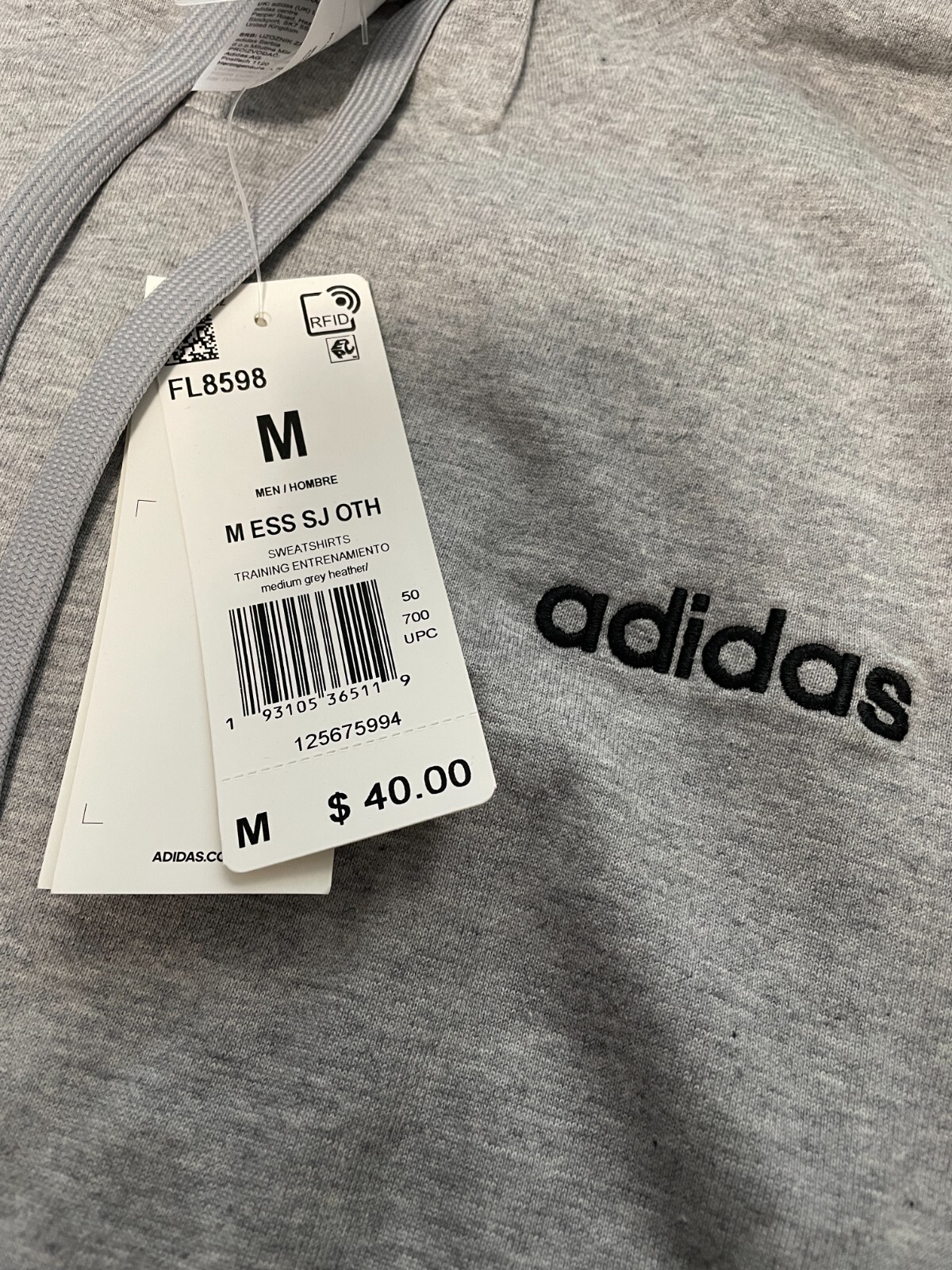adidas Hoodie Mens Essentials Cotton Jersey Lightweight Grey Small or Medium gallery