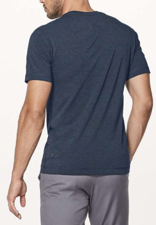 Lululemon Sz ?? (See Meas) 5 Year Basic T-Shirt Mens Heathered Navy Blue Tee EUC gallery