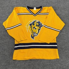 Athletic Knit Hockey Jersey Mens Size L Yellow Buffalo Mesh State Farm Canada