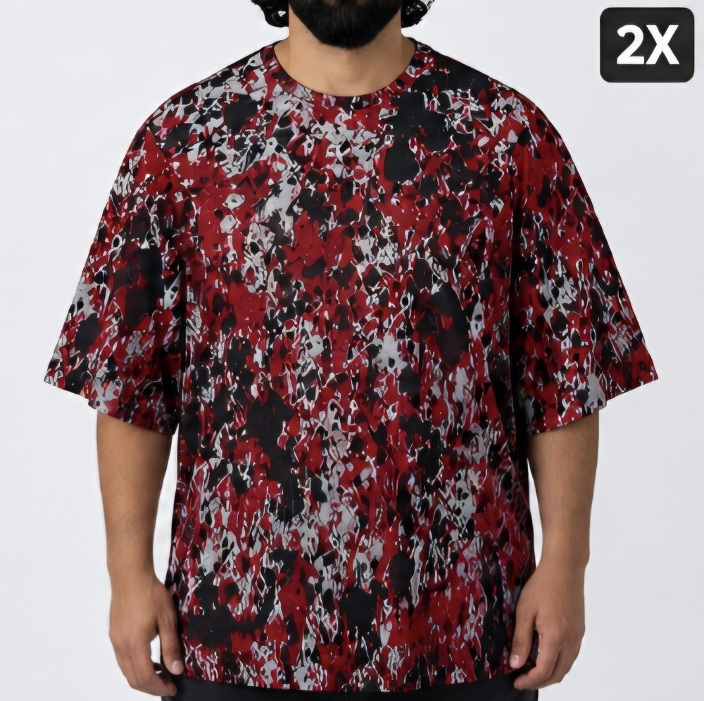 Abstract Crew Neck Short Sleeve Pullover T-Shirt 2XL Red/Gray/Black 100% Cotton