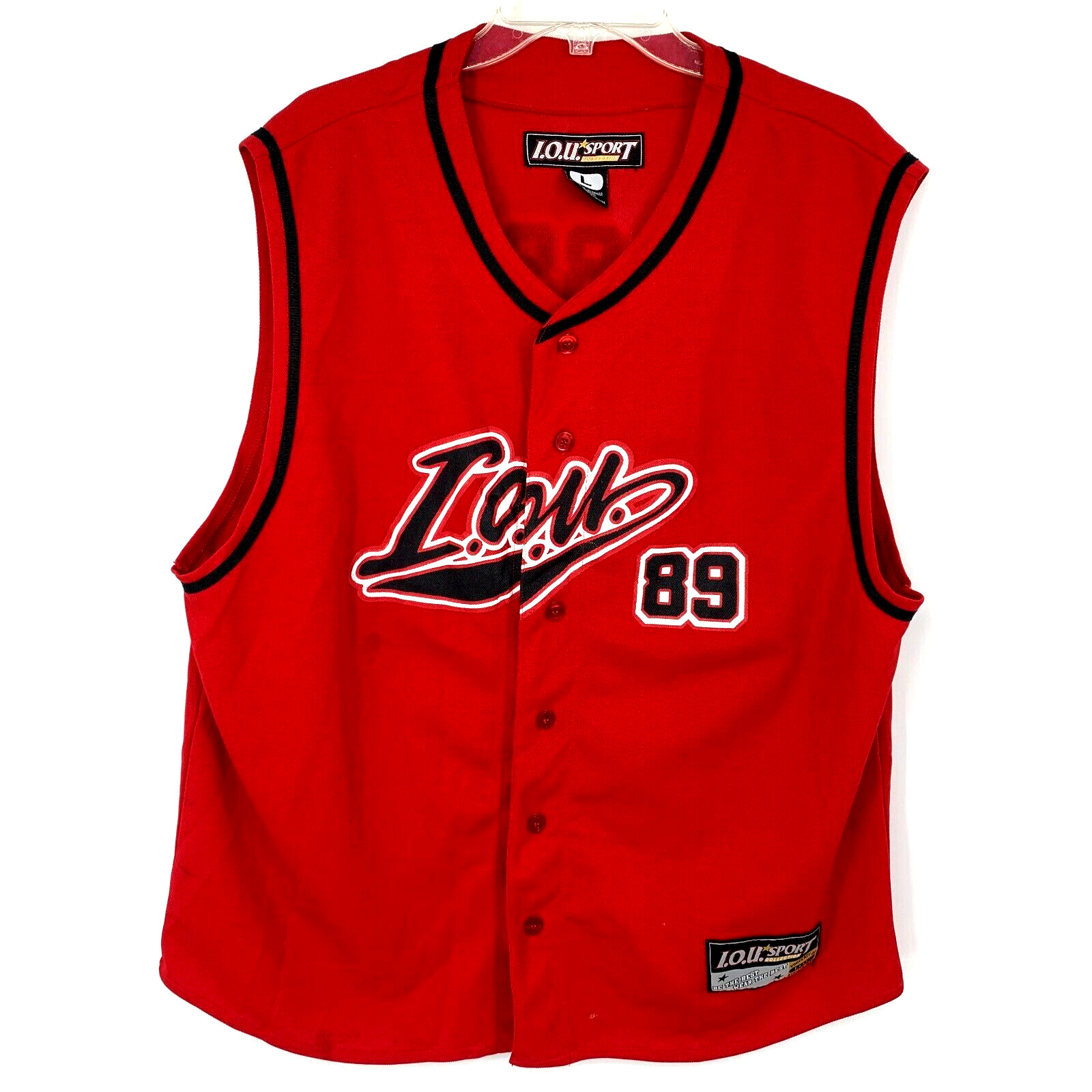 Vintage IOU 89 Men's Sleeveless Designer Jersey Size Large Red Black Polyester gallery