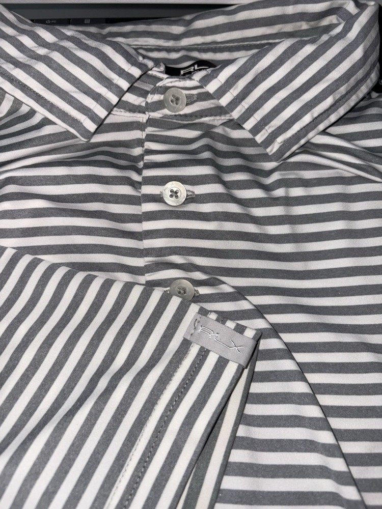 RLX Ralph Lauren Performance Golf Polo Men’s Medium Gray White Striped Wicking