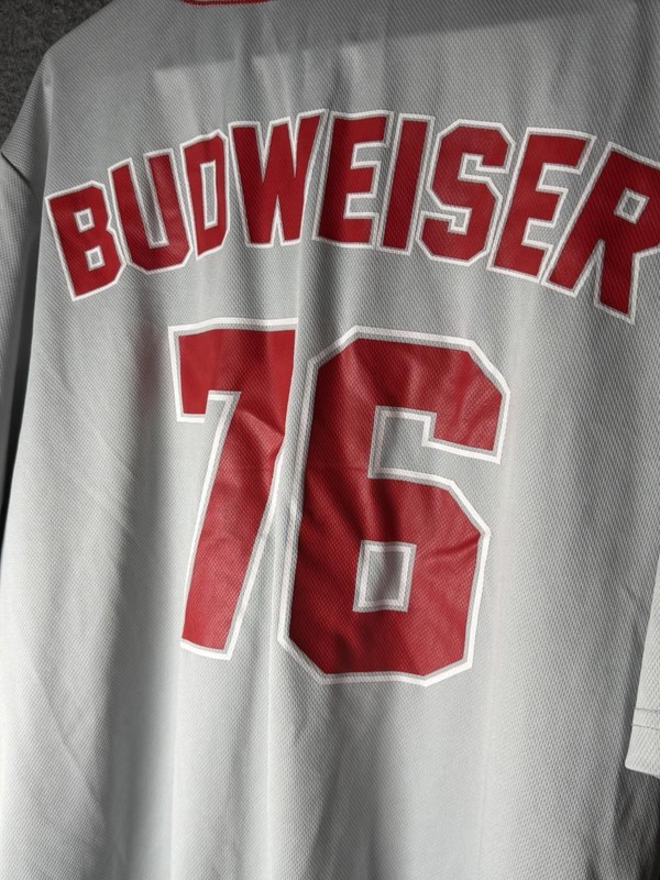 Budweiser Beer Baseball Jersey Gray Button Up #76 Short Sleeve Men Large L gallery