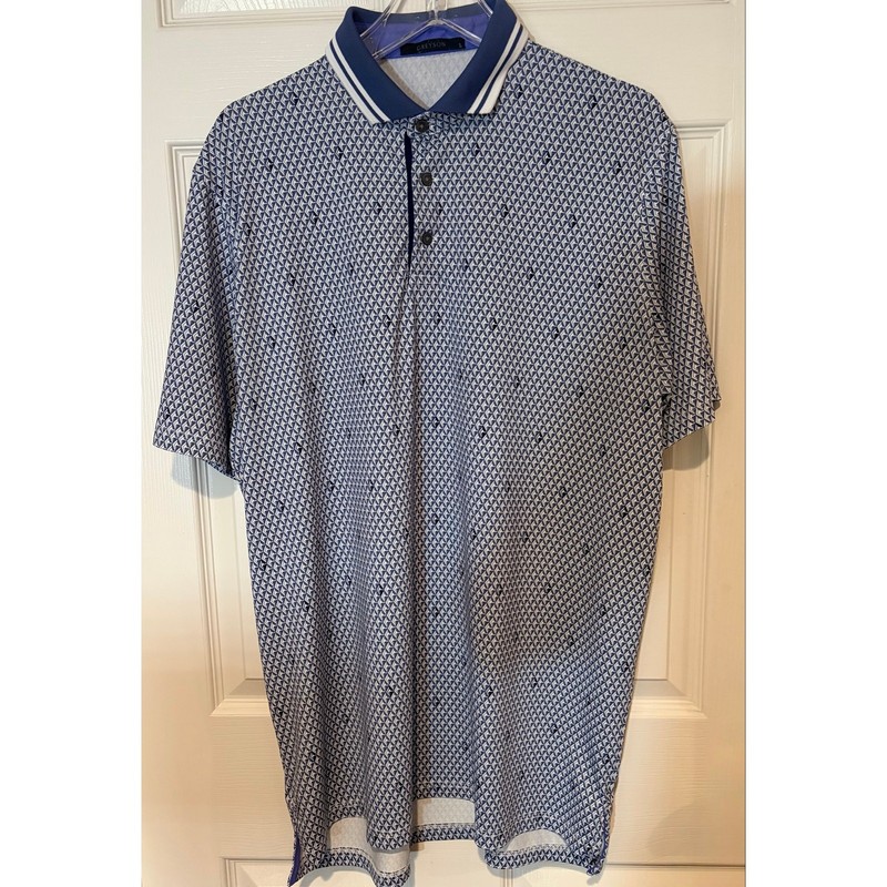 Greyson Men’s Large Blue Geometric Golf Polo Shirt Performance Stretch gallery
