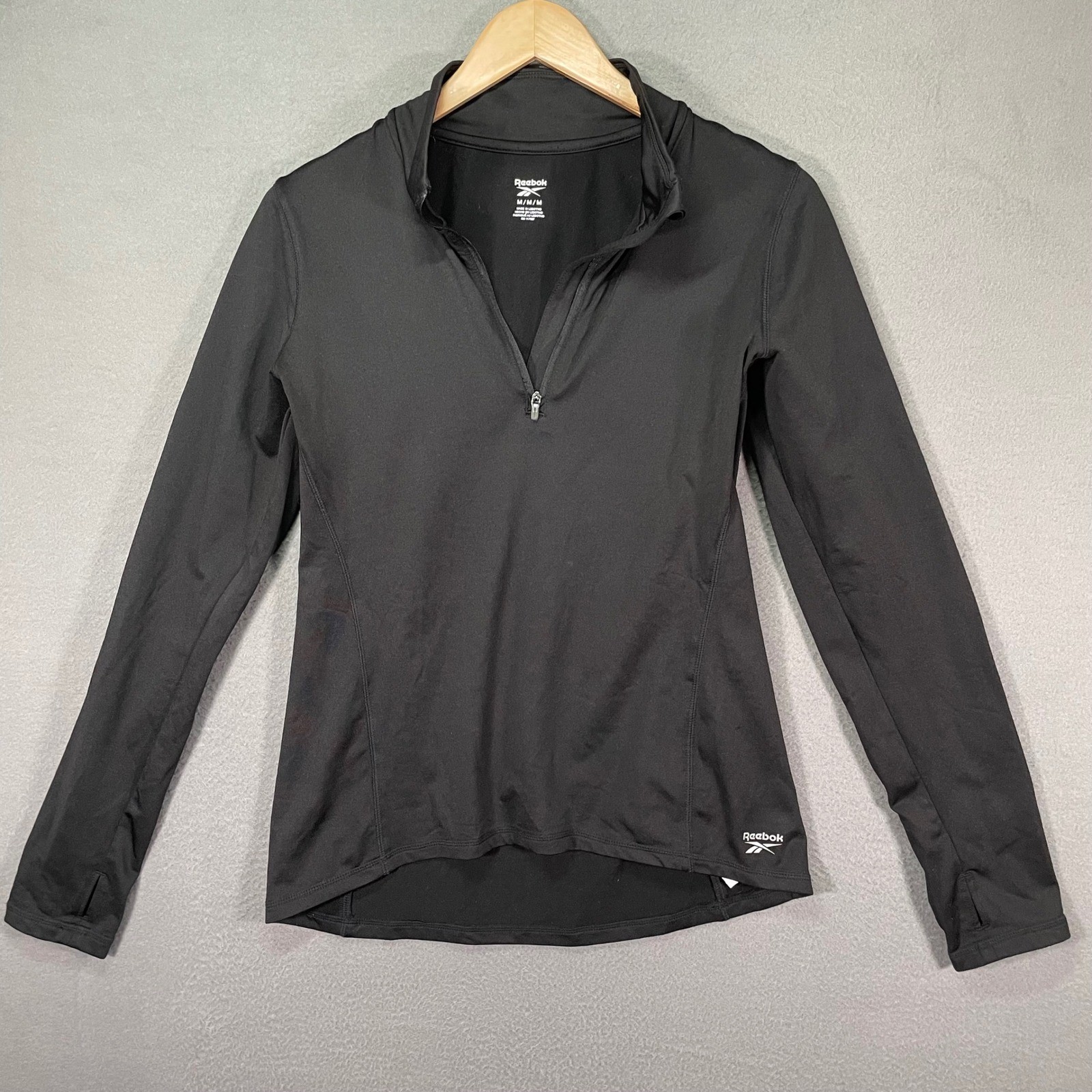 Reebok Quarter Zip Mens Medium Black Athletic Thumbhole Performance Jacket gallery
