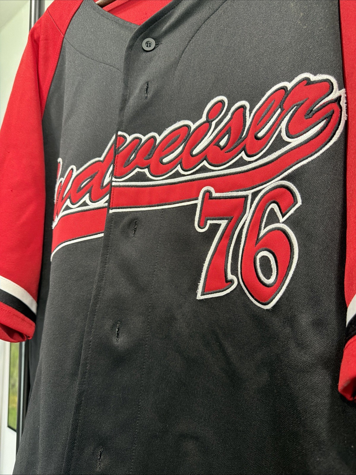 Budweiser Baseball Jersey Mens Large Game Time Button Up Black Red Beer gallery