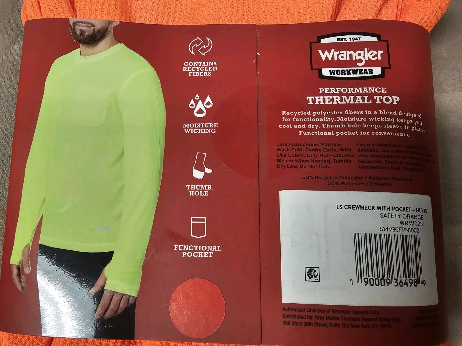 Wrangler Men's Workwear Performance Thermal Top Shirt Safety Orange Large Pocket gallery