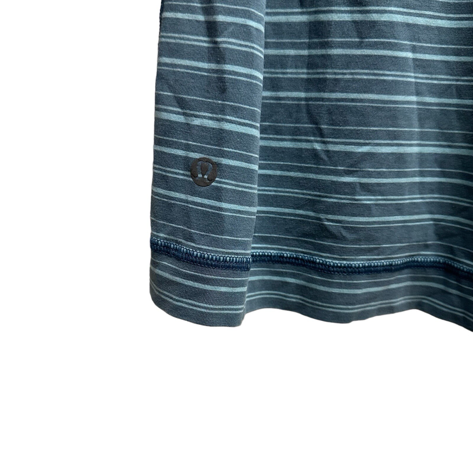 Lululemon Mens Sz Large 5 Year Basic V-Neck Tee T-Shirt Teal Blue Stripe S/S euc gallery
