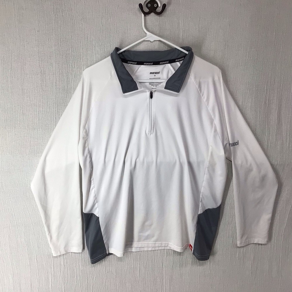 Marucci Men’s Medium 1/4 Zip Wind Breaker White Gray Long Sleeve Spell out