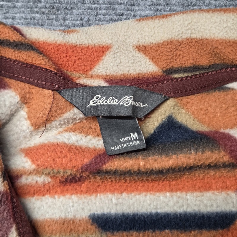 Eddie Bauer Pullover Mens Medium 1/4 Zip Fleece Orange Aztec Geometric Shirt gallery