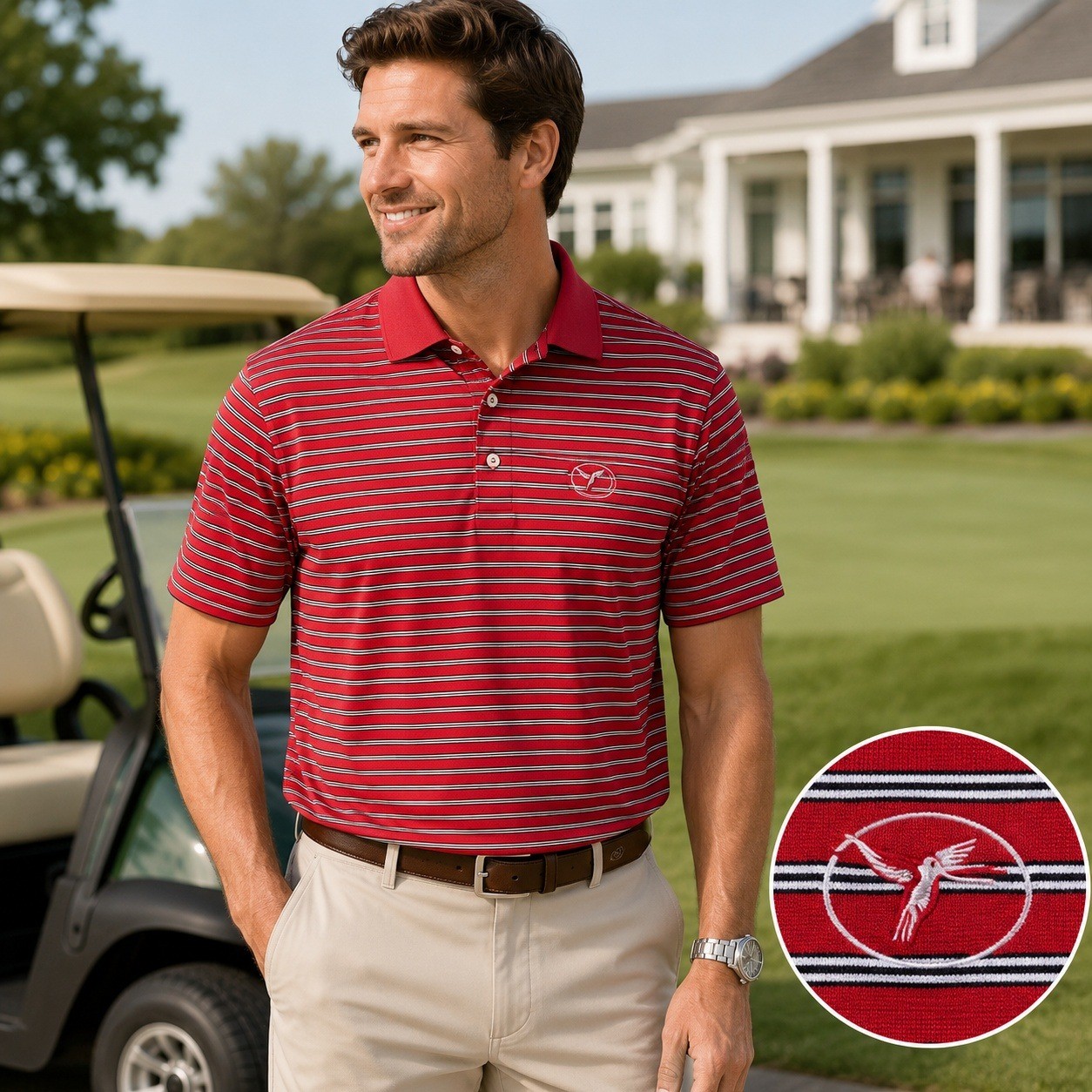 Peter Millar Southern Comfort Polo Mens Medium Striped Golf Humming Bird Preppy gallery