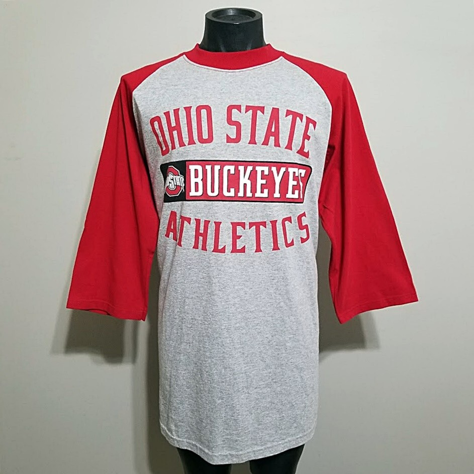Vintage 90s Ohio State Buckeyes Raglan T-Shirt NOS Deadstock Gray Red XL USA gallery