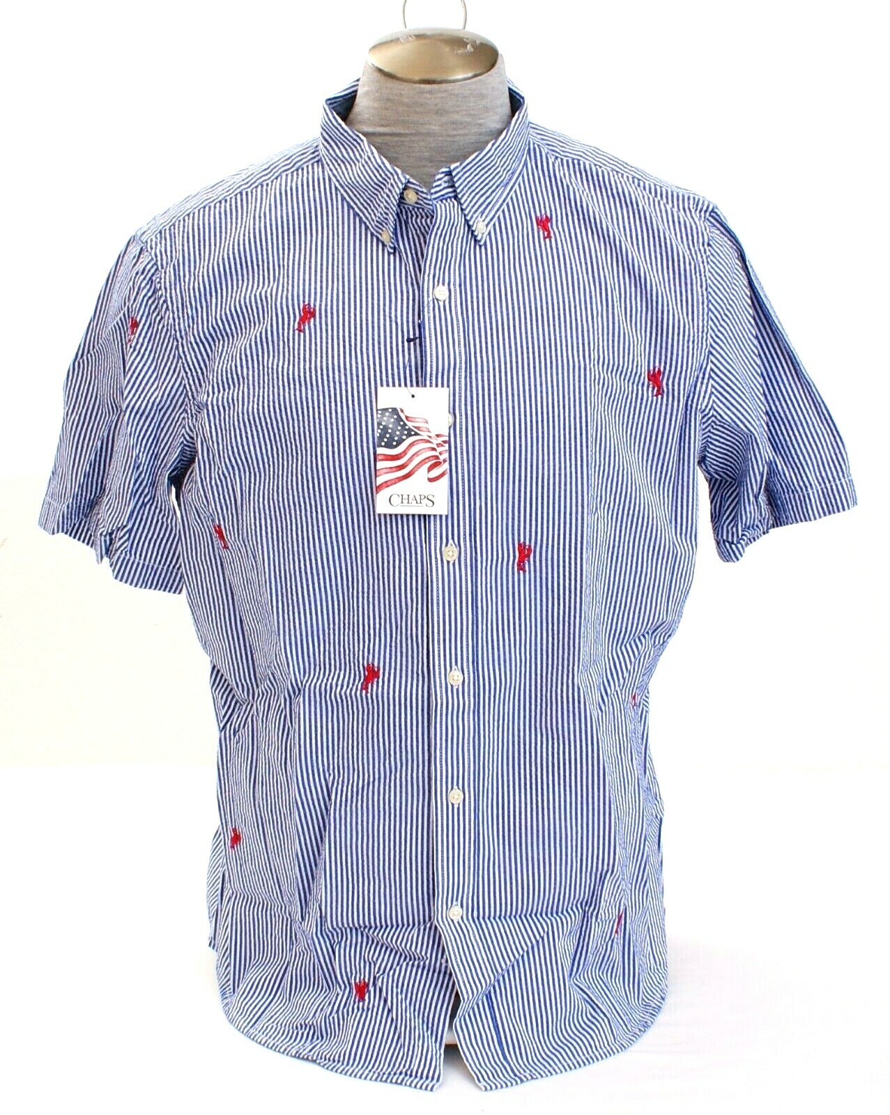 Chaps Blue & White Stripe Seersucker Lobster Button Front Shirt Men's NWT gallery