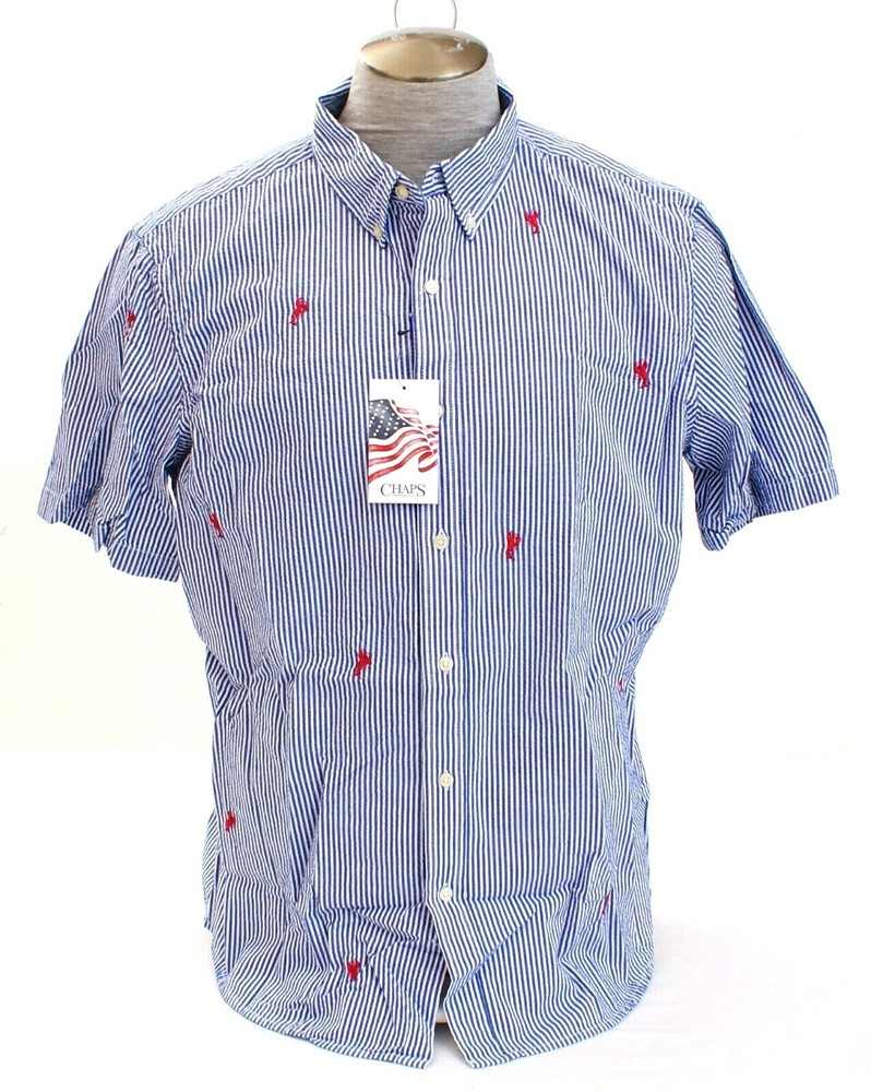 Chaps Blue & White Stripe Seersucker Lobster Button Front Shirt Men's NWT