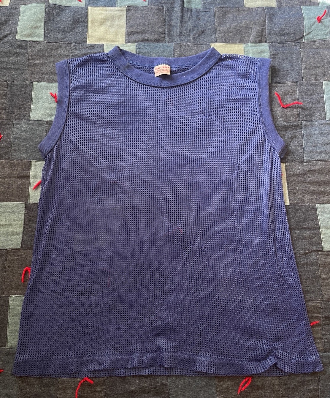 Vintage 70s Mesh Tank Top Men’s Size L/XL Blue Sleeveless Thin USA Made Active gallery