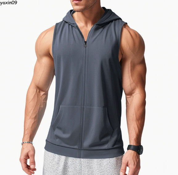 Men's Workout Hooded Tank Tops Zip Up Sleeveless Gym Shirts Bodybuilding Hoodies gallery