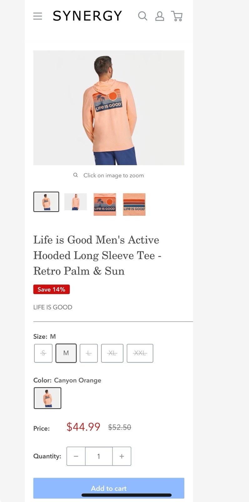 Life Is Good LS Active Hooded Tee SUNSET Palm Tree Moisture Wicking UPF Mens Med gallery