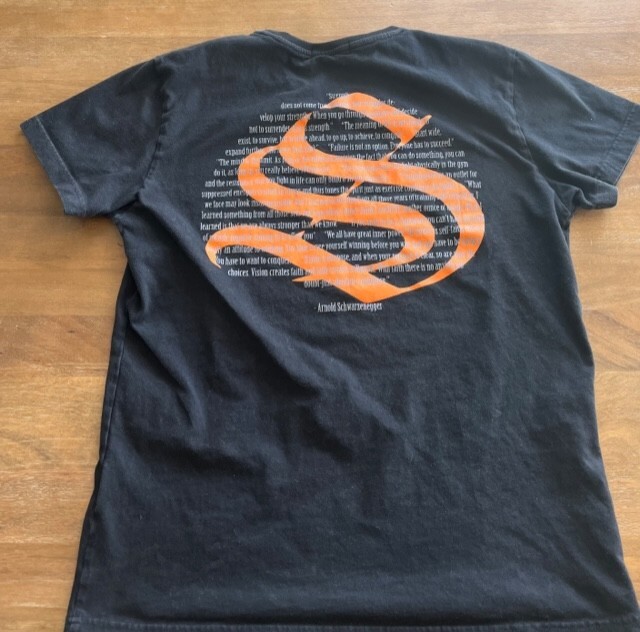 Men's Strong LiftWear Short Sleeve Arnold Quote Gym Shirt Sz Medium Black Orange gallery