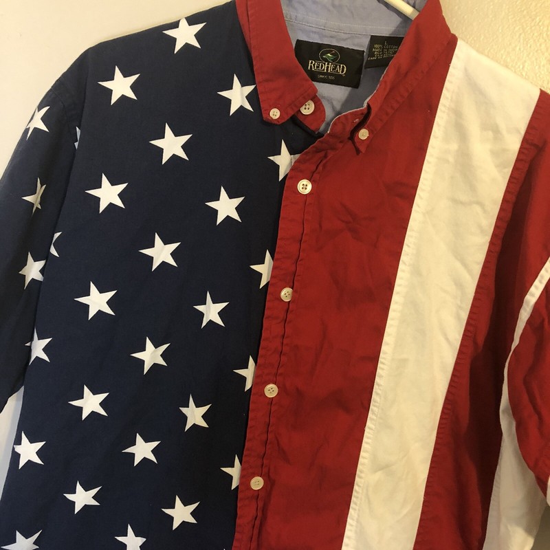 Mens Red Head Short Sleeve Button American Flag Stars Striped Shirt USA Size L gallery