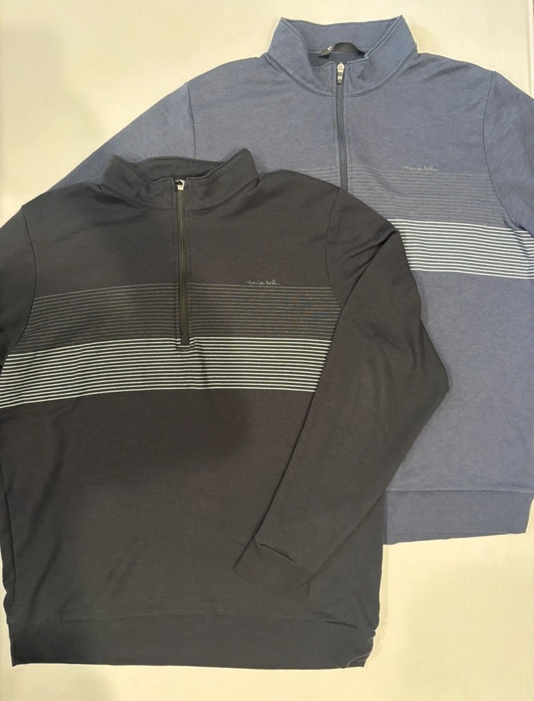 TWO Travis Mathew Quarter Zip Pullover Men’s XL Black Blue Golf Shirts Striped
