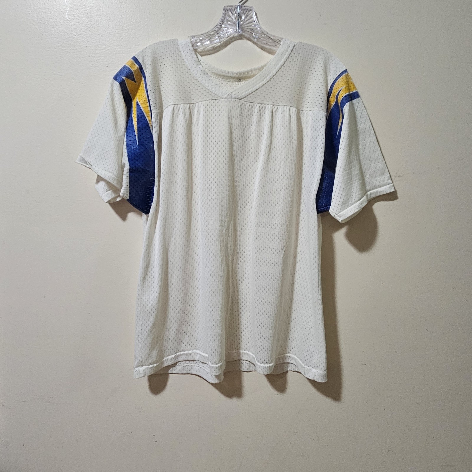 Vintage 1980s White Mesh Jersey Mens Sz M White Blue Yellow/Gold Lightning Bolts gallery