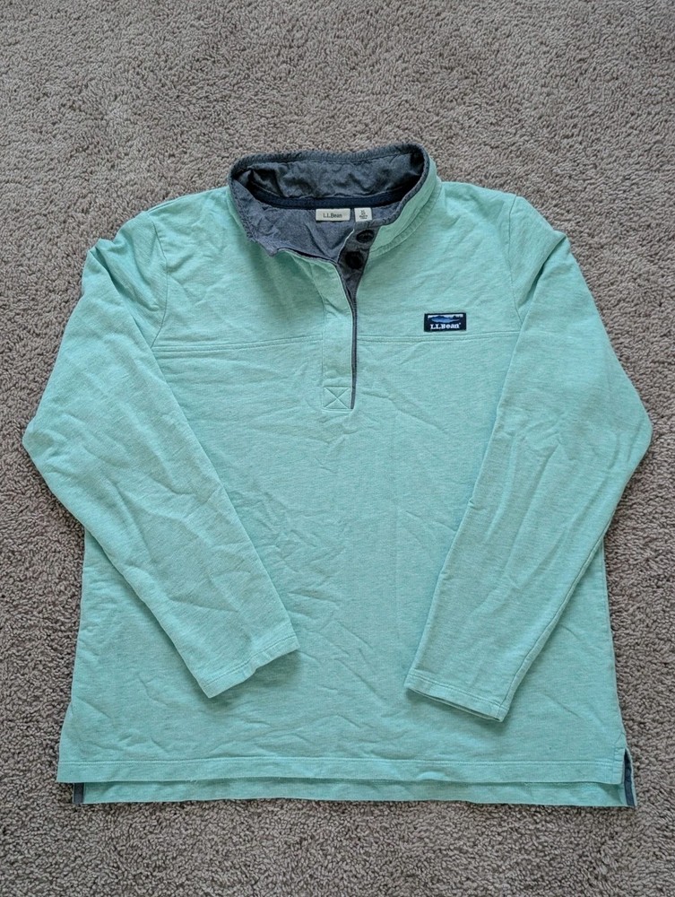 LL Bean Snap Pullover Mens XL Mock Neck Textured Knit Seafoam Heather Midweight