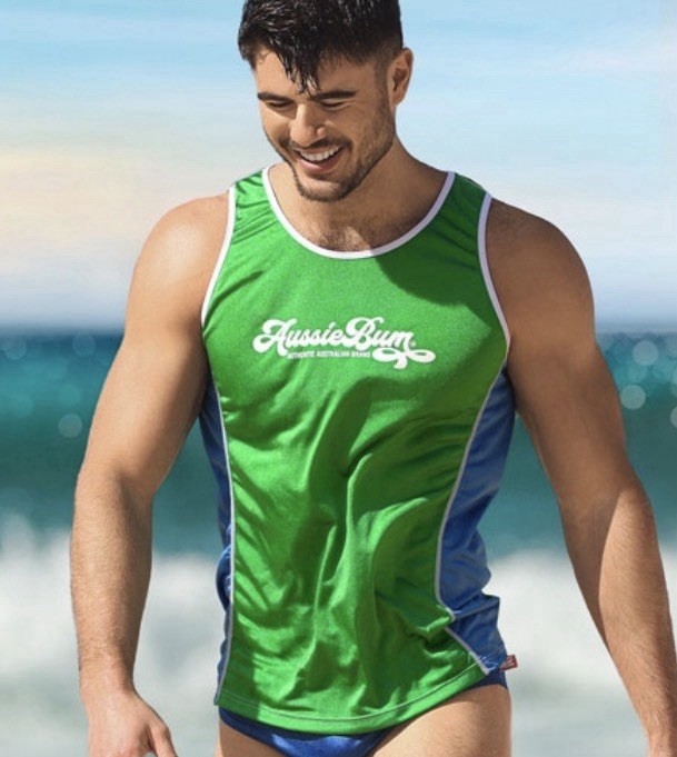 🔥 NEW AussieBum SILKY Nylon Tank Top Surfing Men XL GREEN BLUE Aussie Bum Glanz