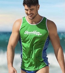 🔥 NEW AussieBum SILKY Nylon Tank Top Surfing Men XL GREEN BLUE Aussie Bum Glanz