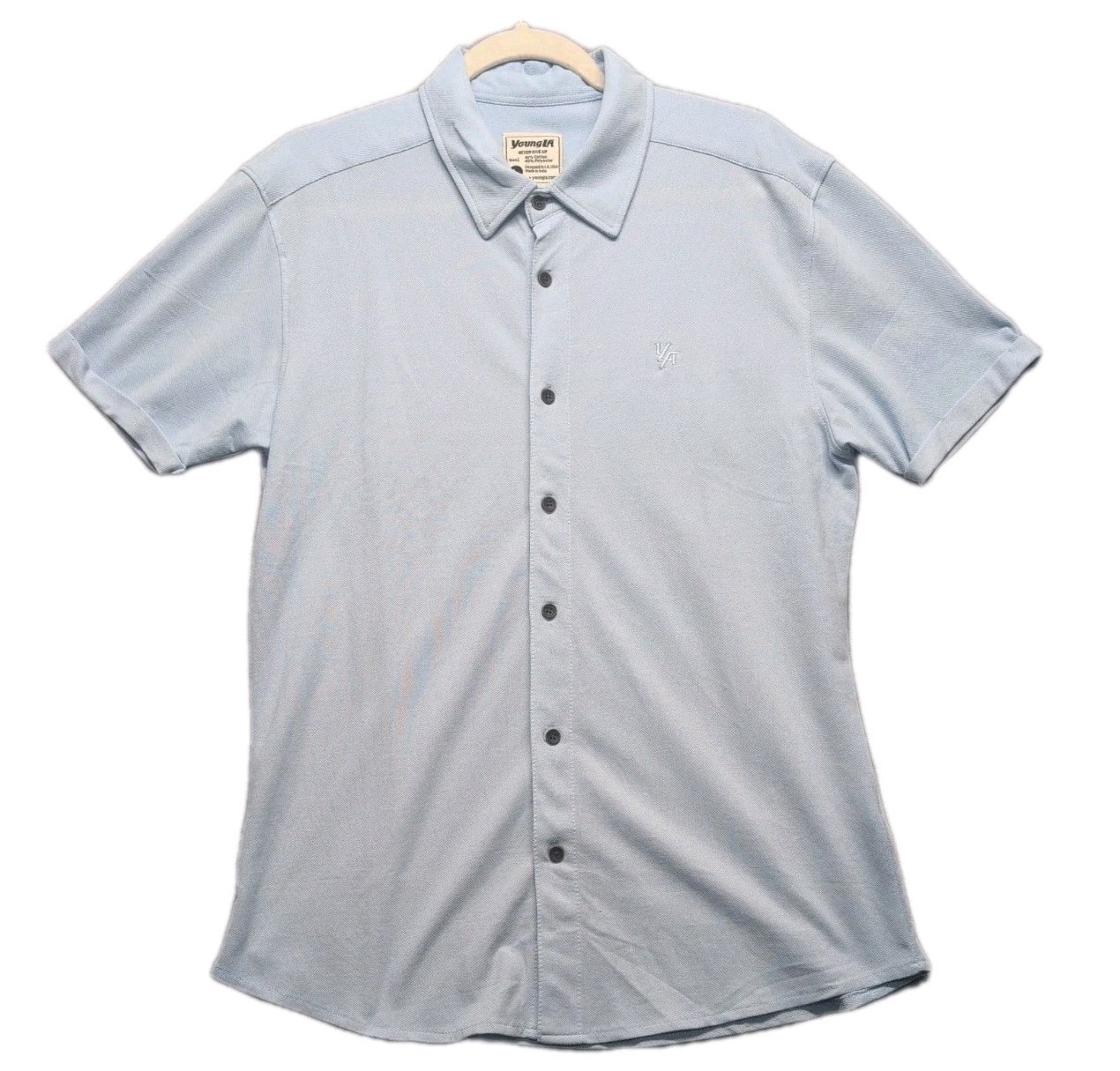 YoungLa Activewear Button Down Short Sleeve Slim Shirt Men Size Large Blue gallery