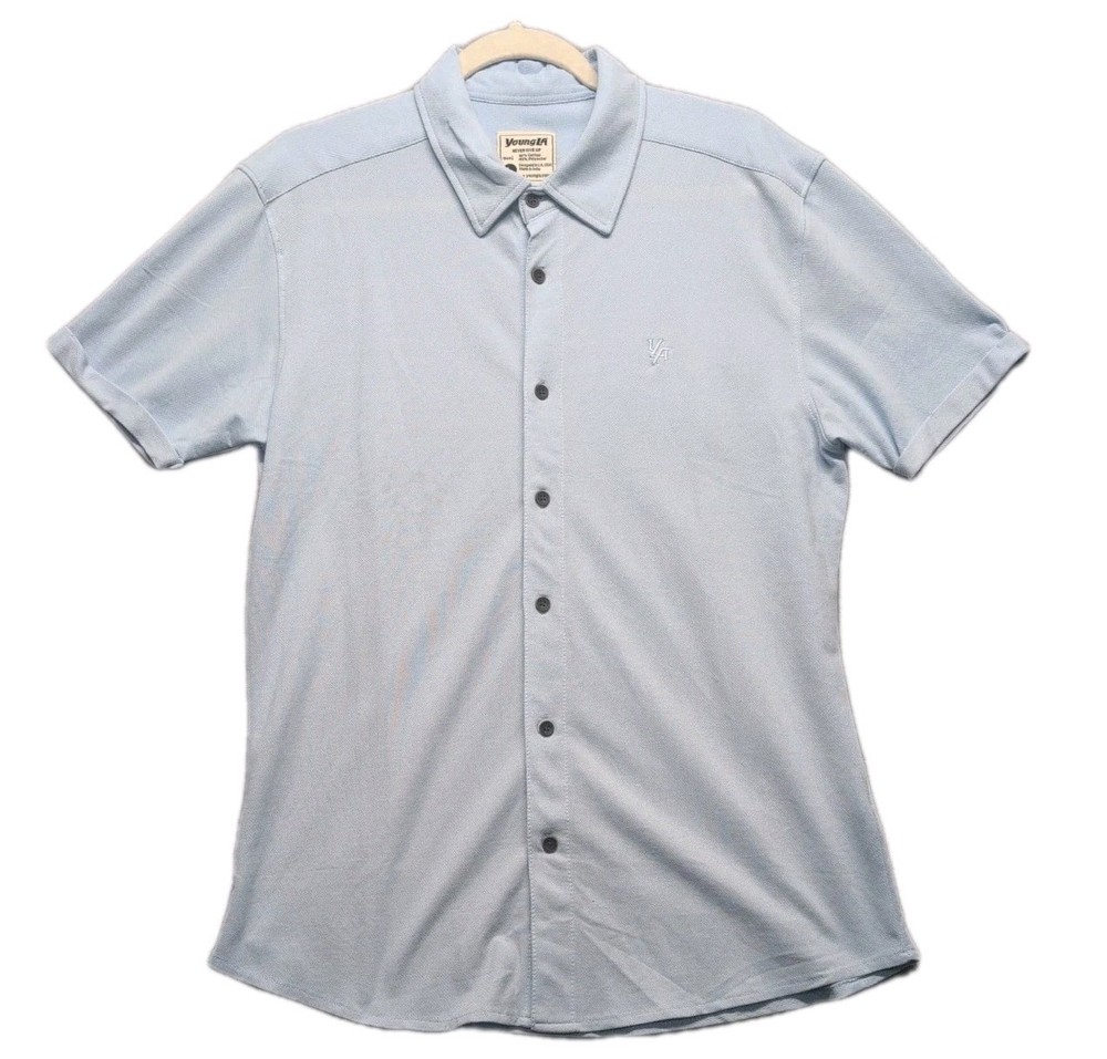 YoungLa Activewear Button Down Short Sleeve Slim Shirt Men Size Large Blue