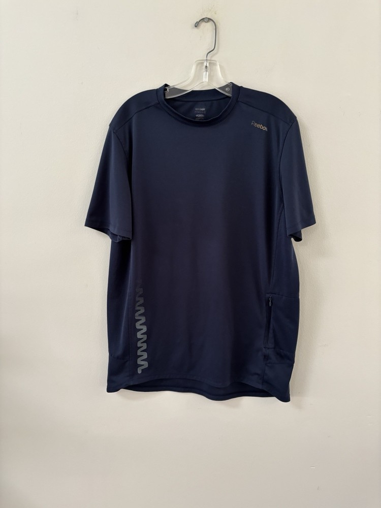 Reebok Dry Fit Play Dry Navy Shirt L Reflective Zip Pocket Moisture Wick Run Jog