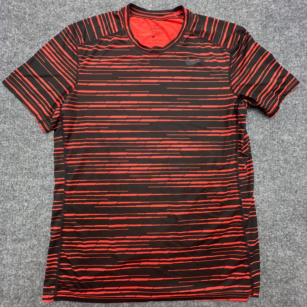 NIKE Athletic Shirt Mens L Fitted Red Black Stretch Dri Fit Gym Workout Running