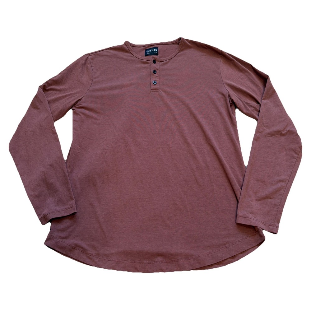 EUC Cuts Clothing Mens Medium Curve-Hem Long Sleeve Henley Performance Red Gym