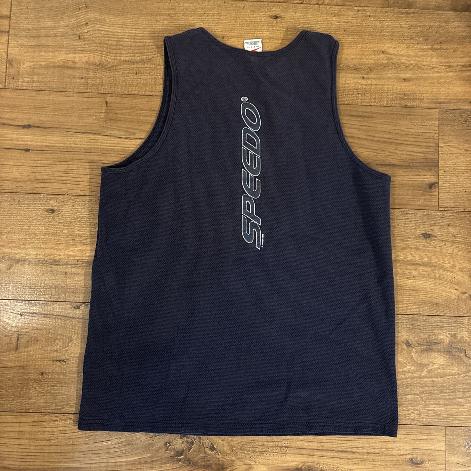 Vintage 1998 Speedo Tank Top Spell-out Logo Navy Beach Pool USA - Men’s Large gallery