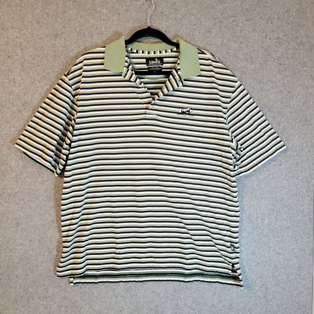 Ashworth Weather Systems Dry Tech Polo Men Large Green Stripe Moisture Wicking