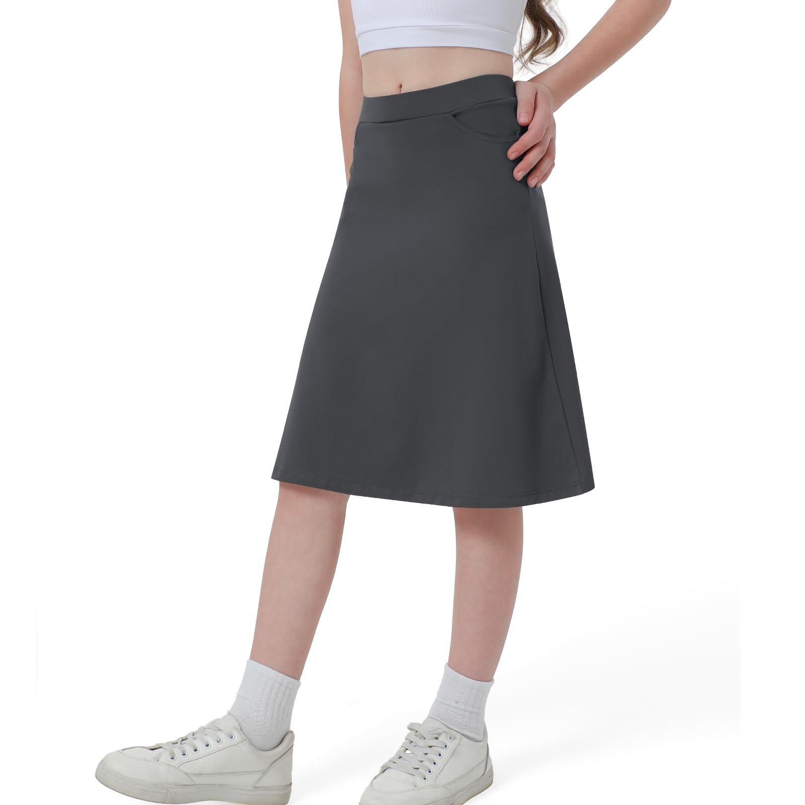 Girl Midi Knee Length Skirts with Arc-Shaped Pockets, Knee Long Skorts for Gi... gallery
