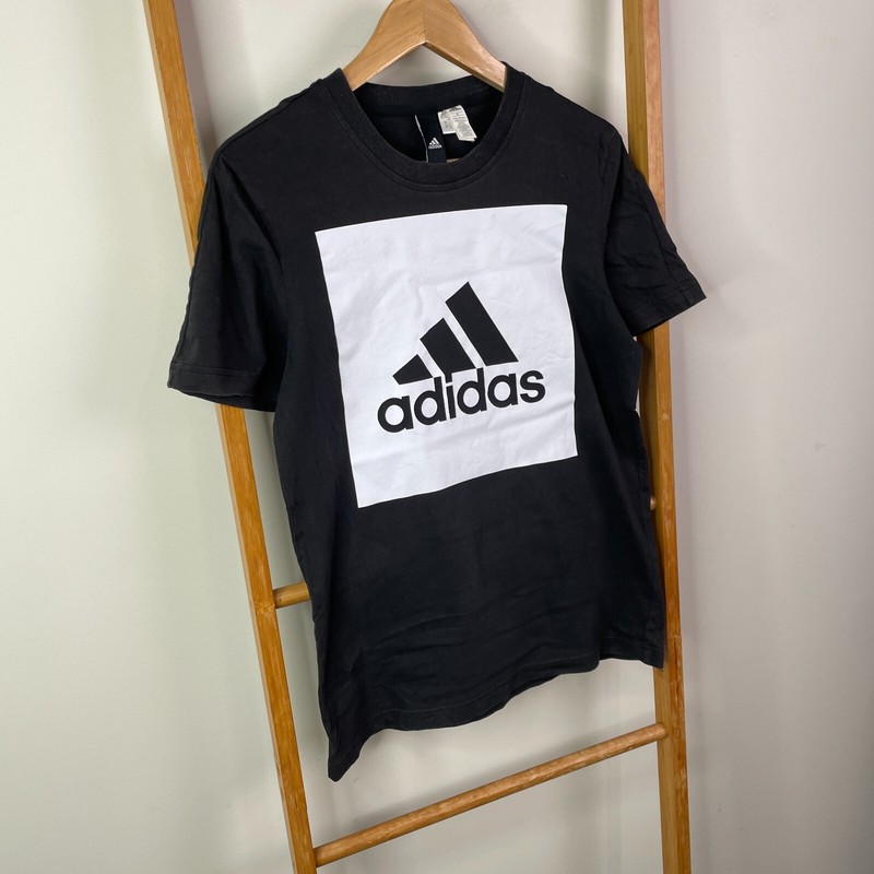 Adidas Essentials Shirt Mens Small Black Big Logo Print Short Sleeve Crew Neck gallery