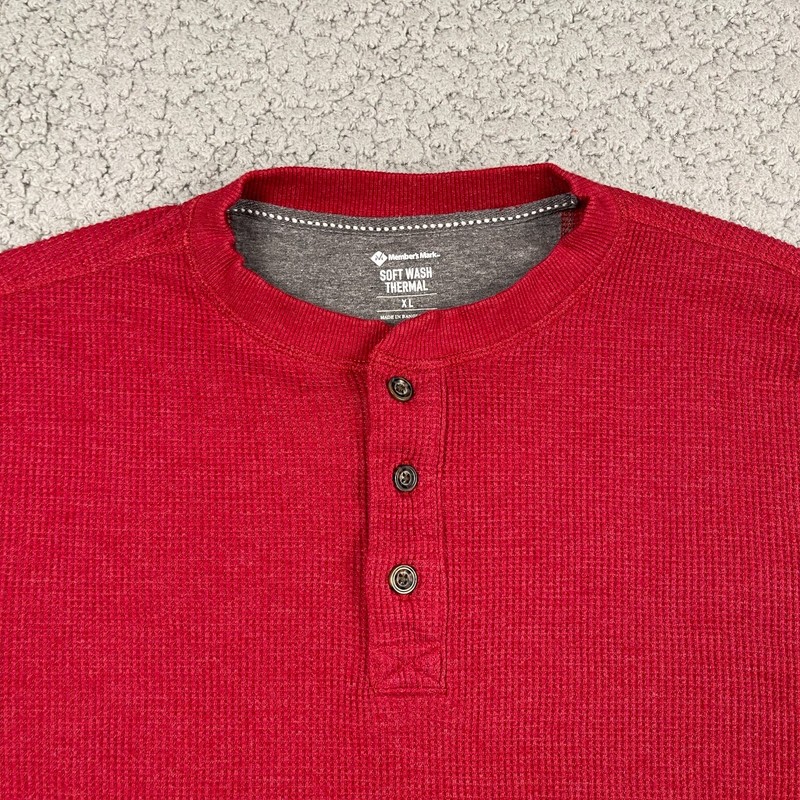 Members Mark Soft Wash Thermal Henley Shirt Mens XL Red Long Sleeve Waffle Knit gallery