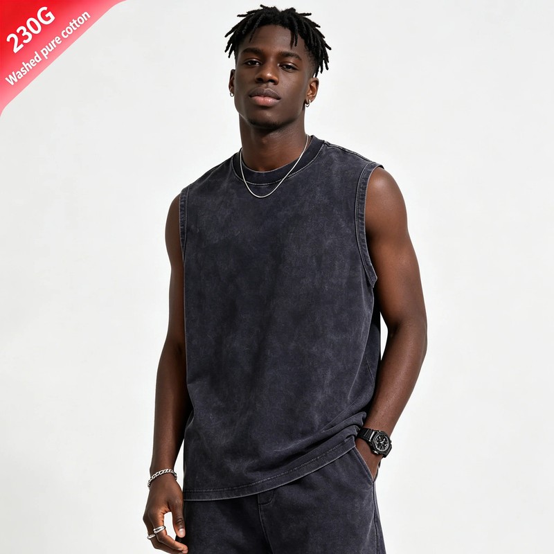 100% cotton men's summer sleeveless top Vintage Washed Crew Neck Tank Top Casual gallery