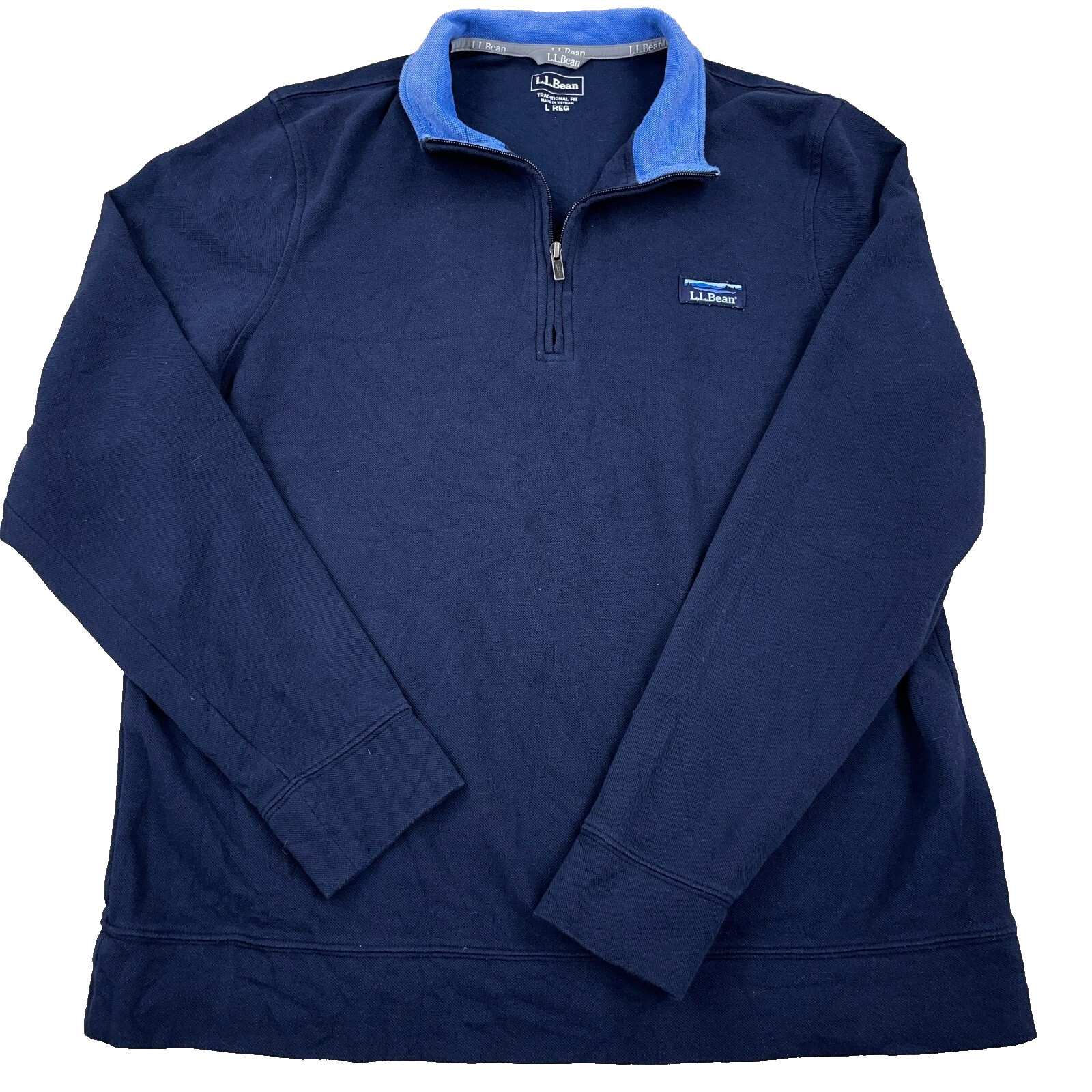 LL Bean Sweater Men Large Pullover Navy Blue Quarter Zip Mesh Knit Rugby Unlined gallery