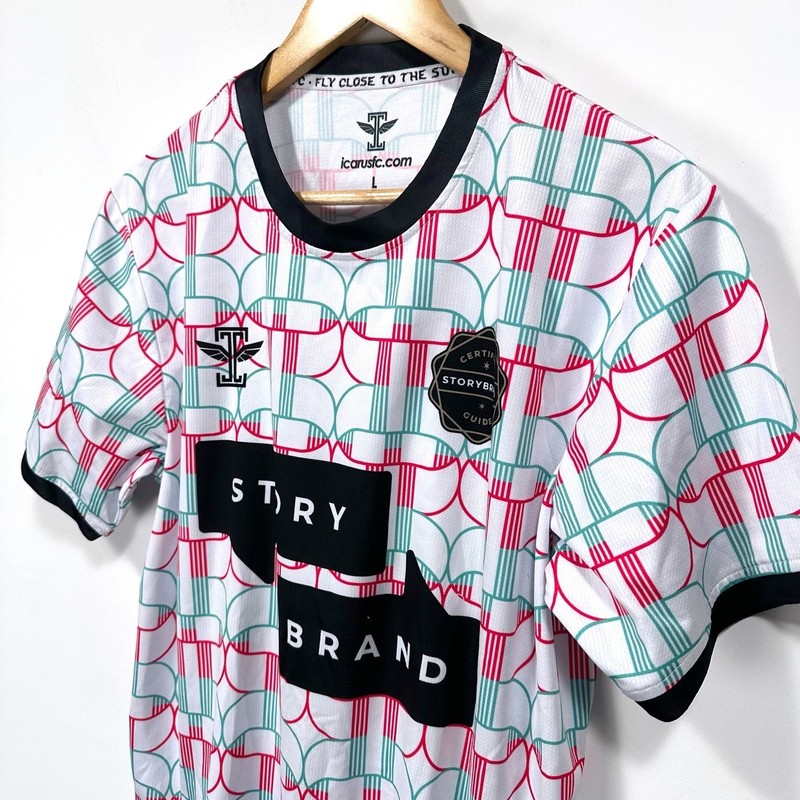 Story Brand Soccer Jersey Mens Large White Red Teal Graphic Don Miller Icarus FC gallery