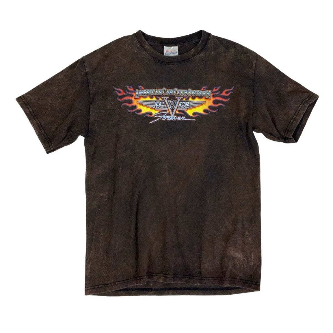 Vintage 90s 'American Car Club Sweden' Brown Acid Wash Graphic T-Shirt Small gallery